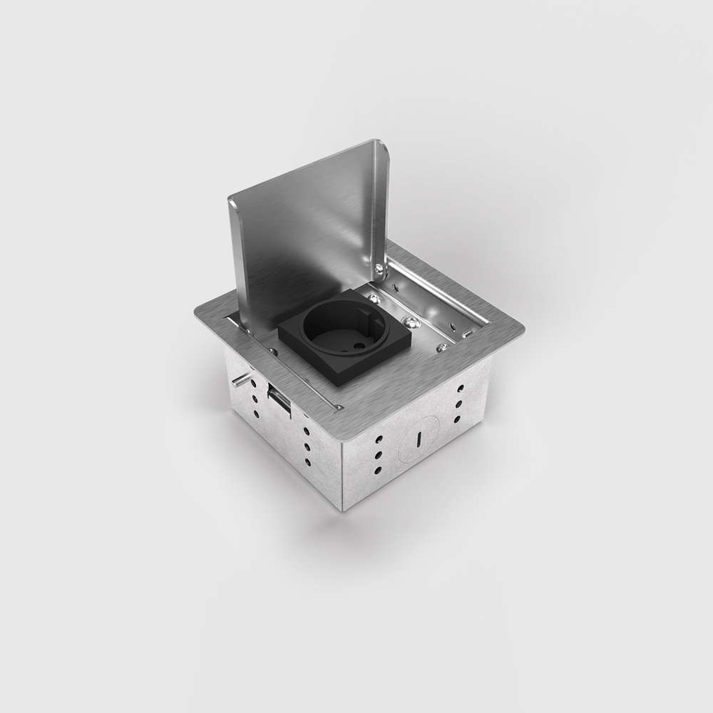 3301E Bodensteckdose, 1-fach, eckig, Klappdeckel aus Edelstahl, inkl. Aufnahmebox