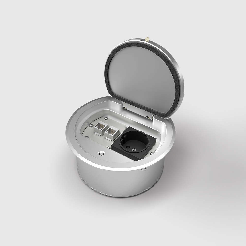 8602A Bodensteckdose, 2-fach, rund, Klappdeckel aus Aluminium, IP65
